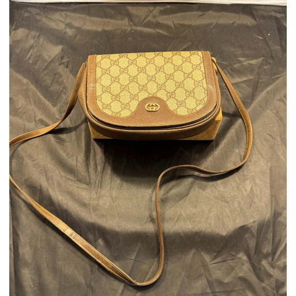 Gucci Handbags - Vintage Gucci 1980s GG Supreme Canvas Brown Leather Crossbody Saddle Bag Italy